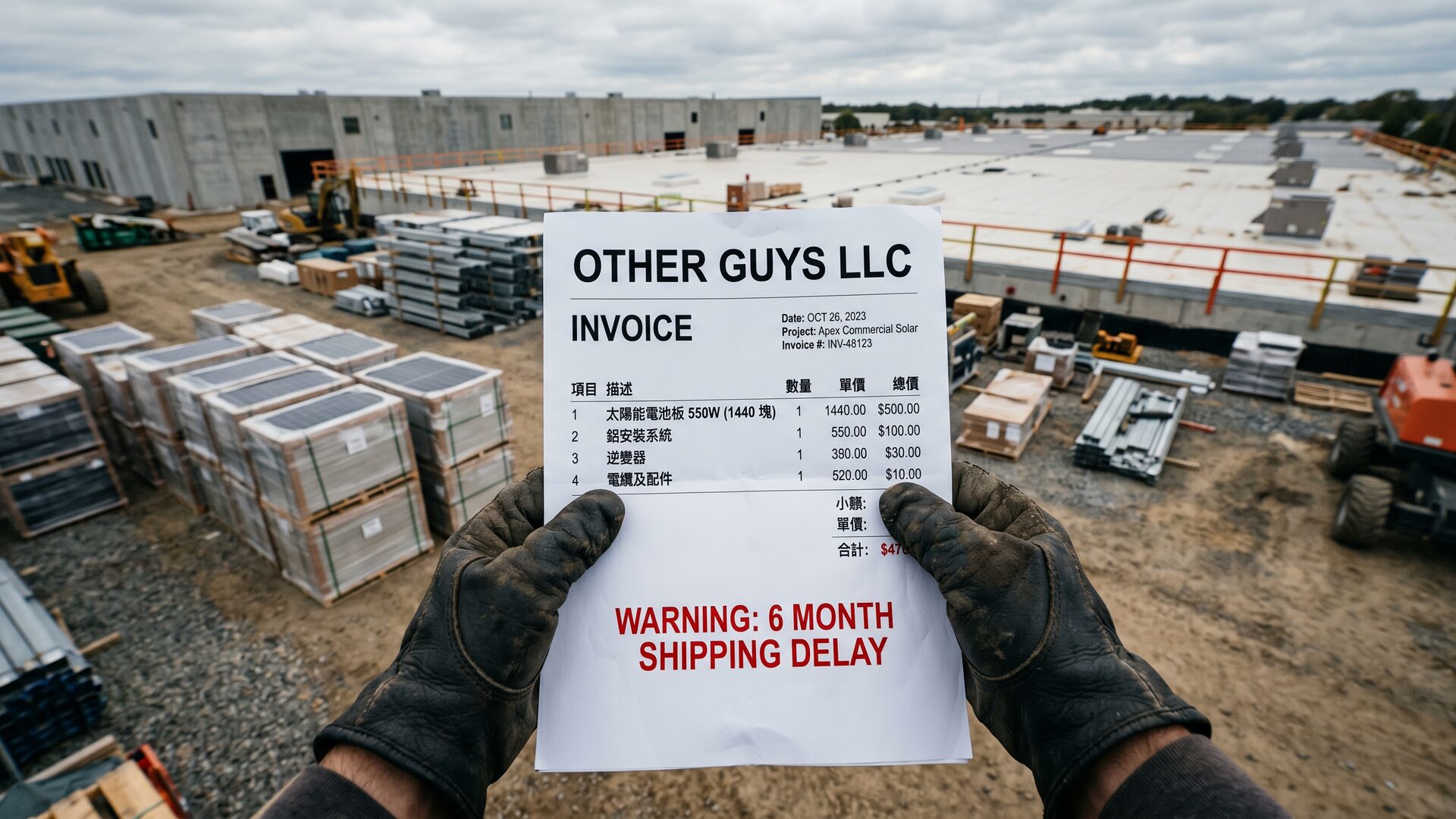 A commercial job site with stacked solar materials and an overseas-supplier invoice showing a 6-month shipping delay