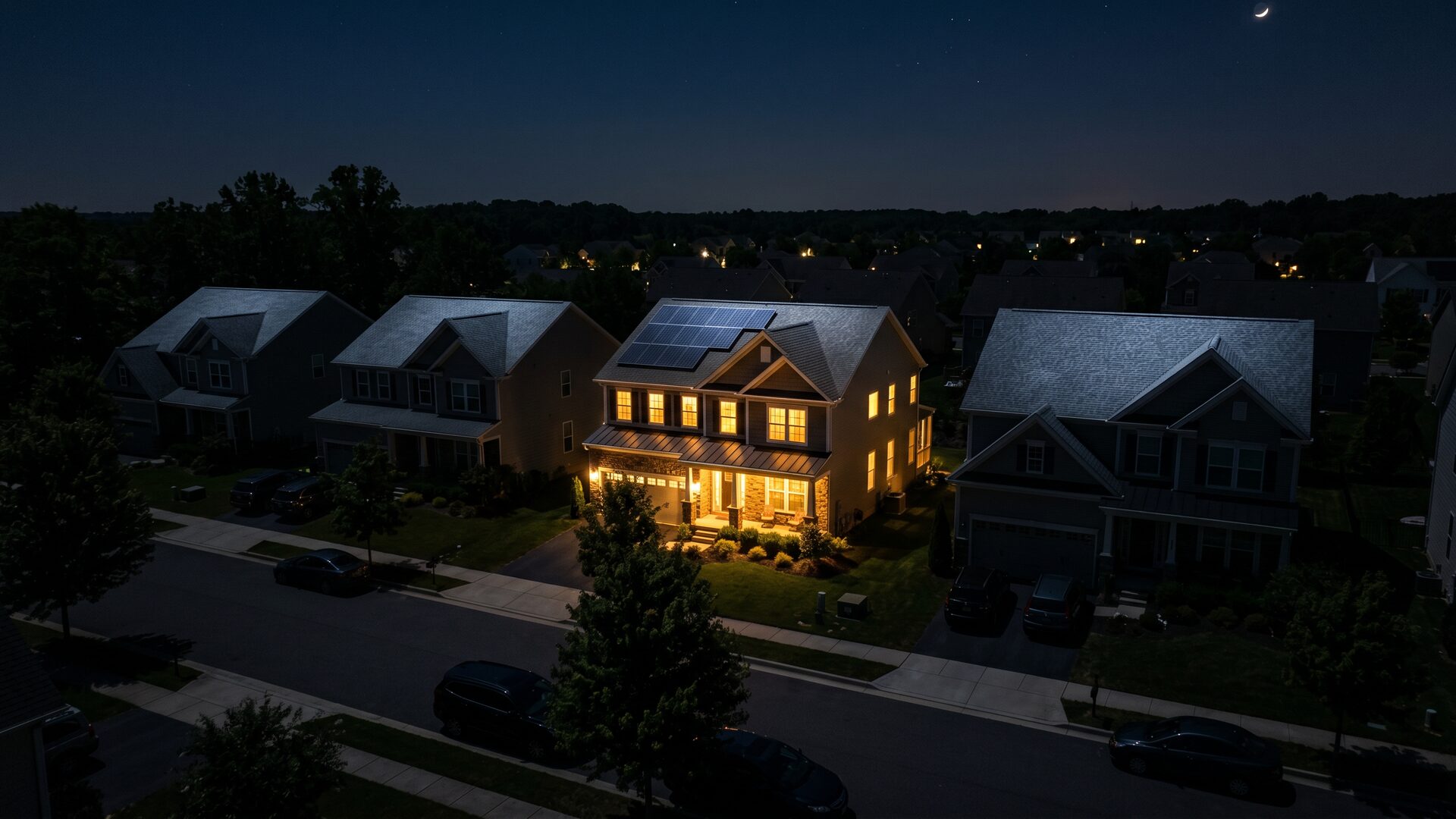 A neighborhood at night during a power outage with one home brightly lit