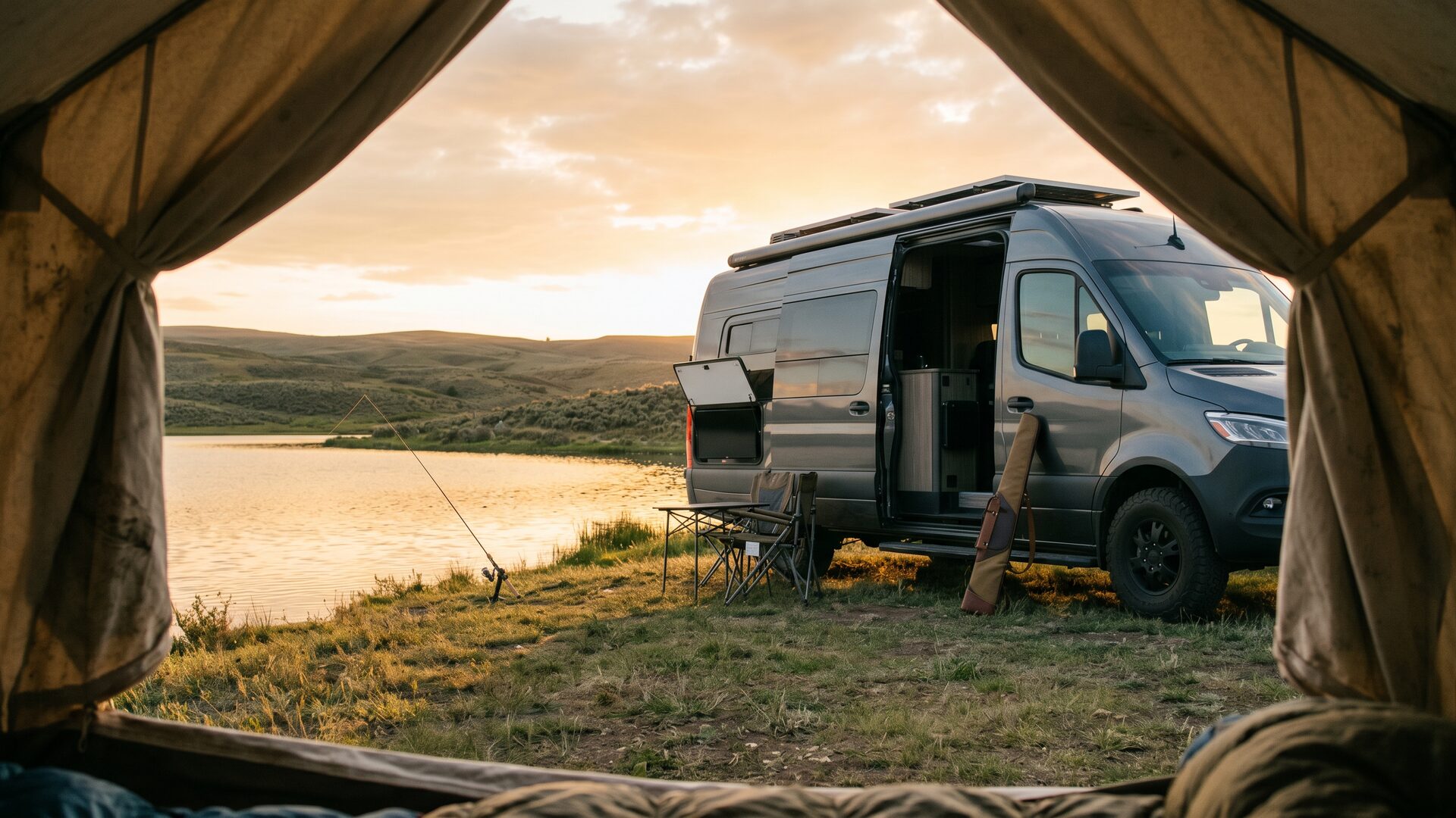 A modern RV parked on a remote lakeside bank at golden hour, with off-grid solar amenities