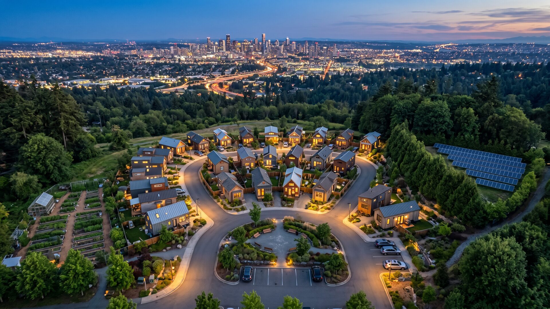 Aerial blue-hour shot of a tiny home community with a small solar farm and a city skyline in the distance